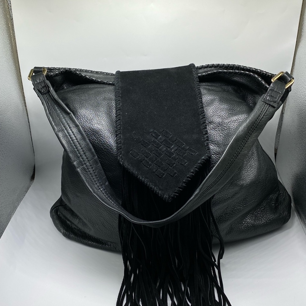 Margot Black Leather Shoulder Bag with Fringe